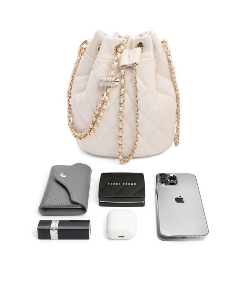 Bag Women Bucket Bag Commuter Travel Small Fragrance Drawstring Design Chain White Crossbody Bag